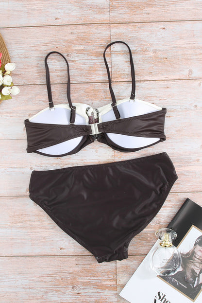 Brown Color Block Push Up Bikini Set