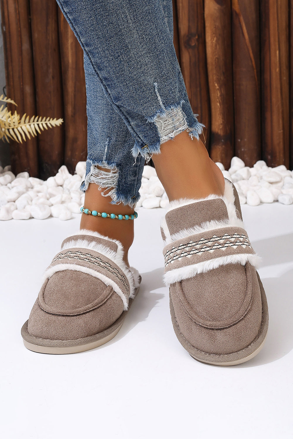 Gray Plush Home Slippers