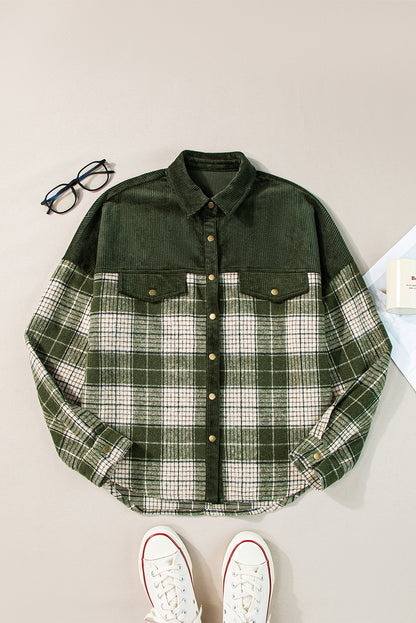 Blackish Green Snap Buttons Patchwork Plaid Shacket