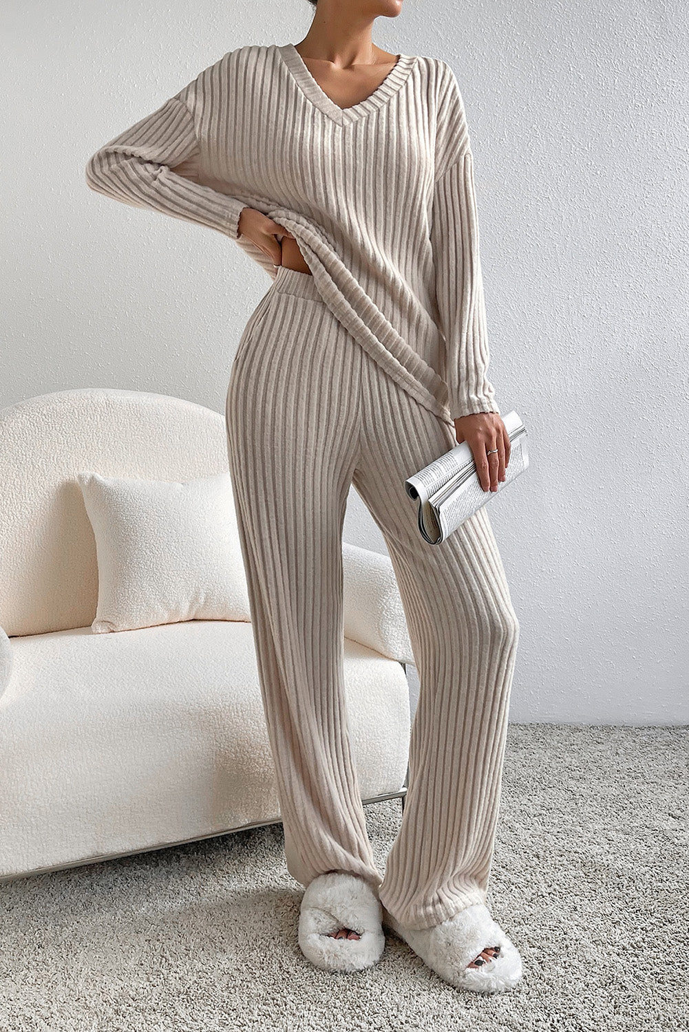 Ribbed Knit V Neck Top & Pants Loungewear Set