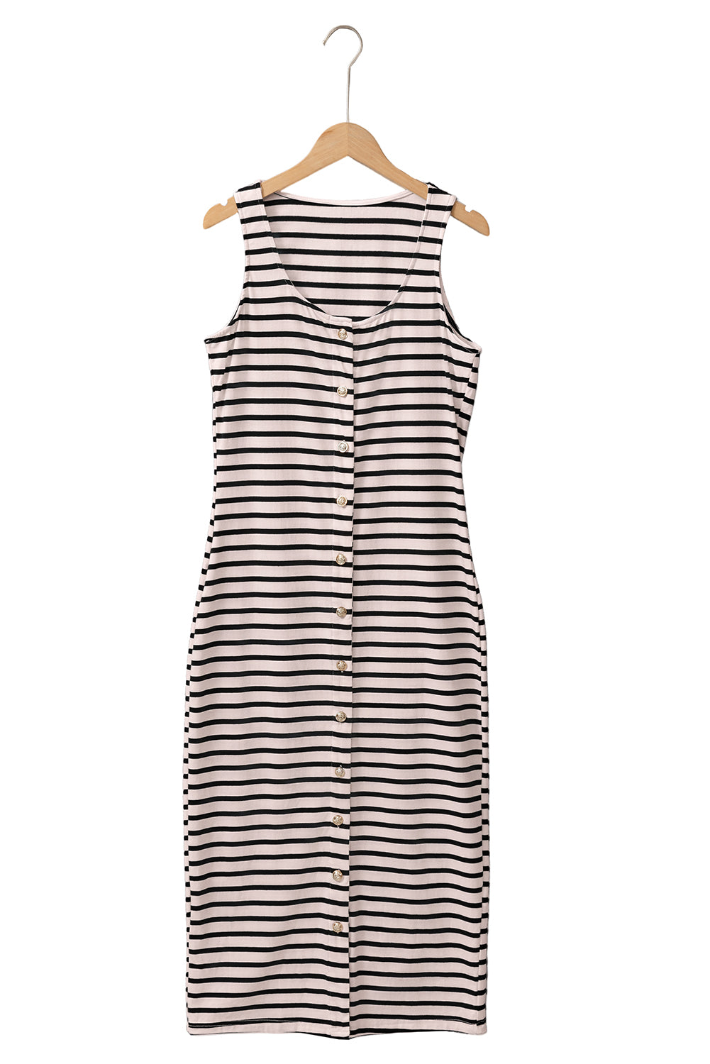 White Stripe Sleeveless Button Front Midi Dress