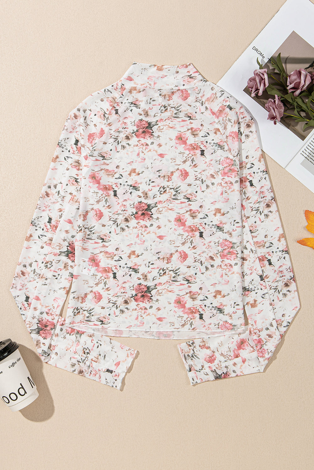 Pink Floral Print Mesh Blouse