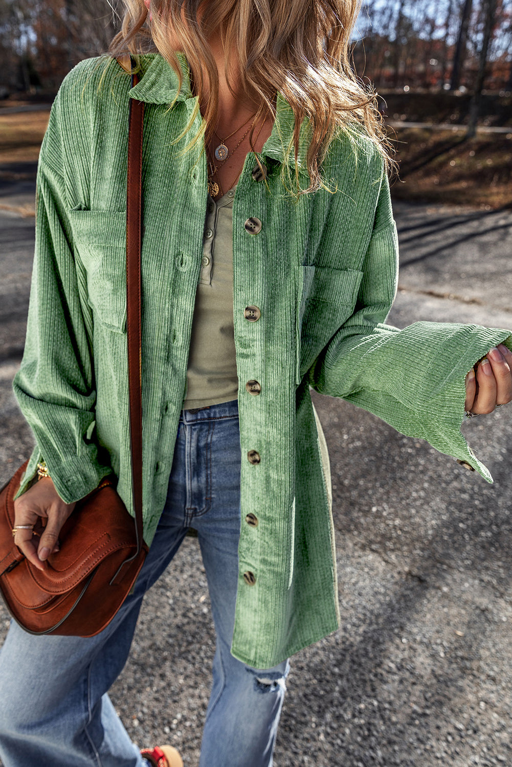 Mist Green Patched Pocket Button-Up Corduroy Shacket