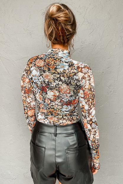 Brown Floral Print Mesh Top