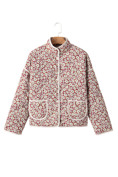 Pink Paisley Print Contrast Edge Pocketed Stand Neck Coat