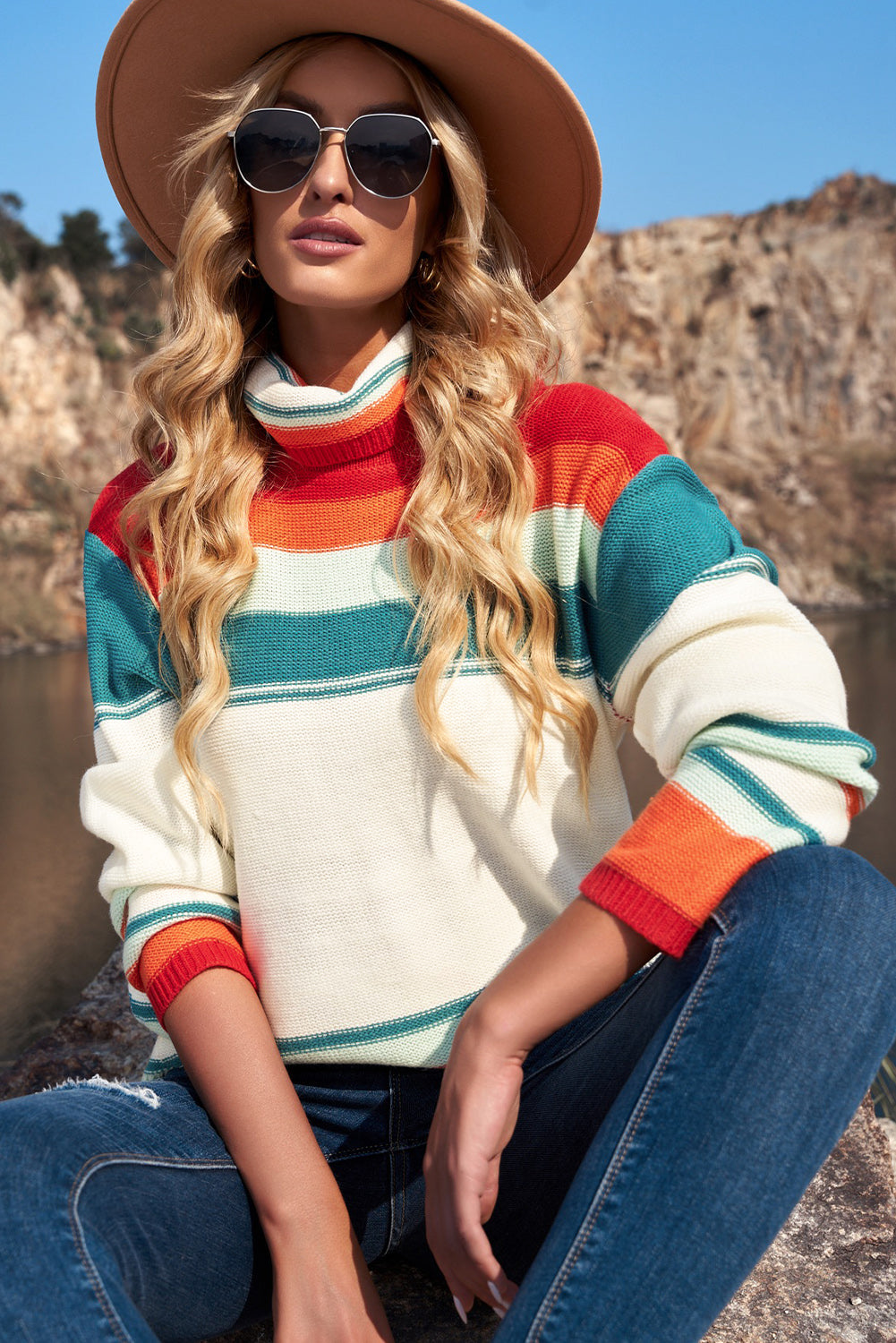 Contrast Striped Turtleneck Sweater