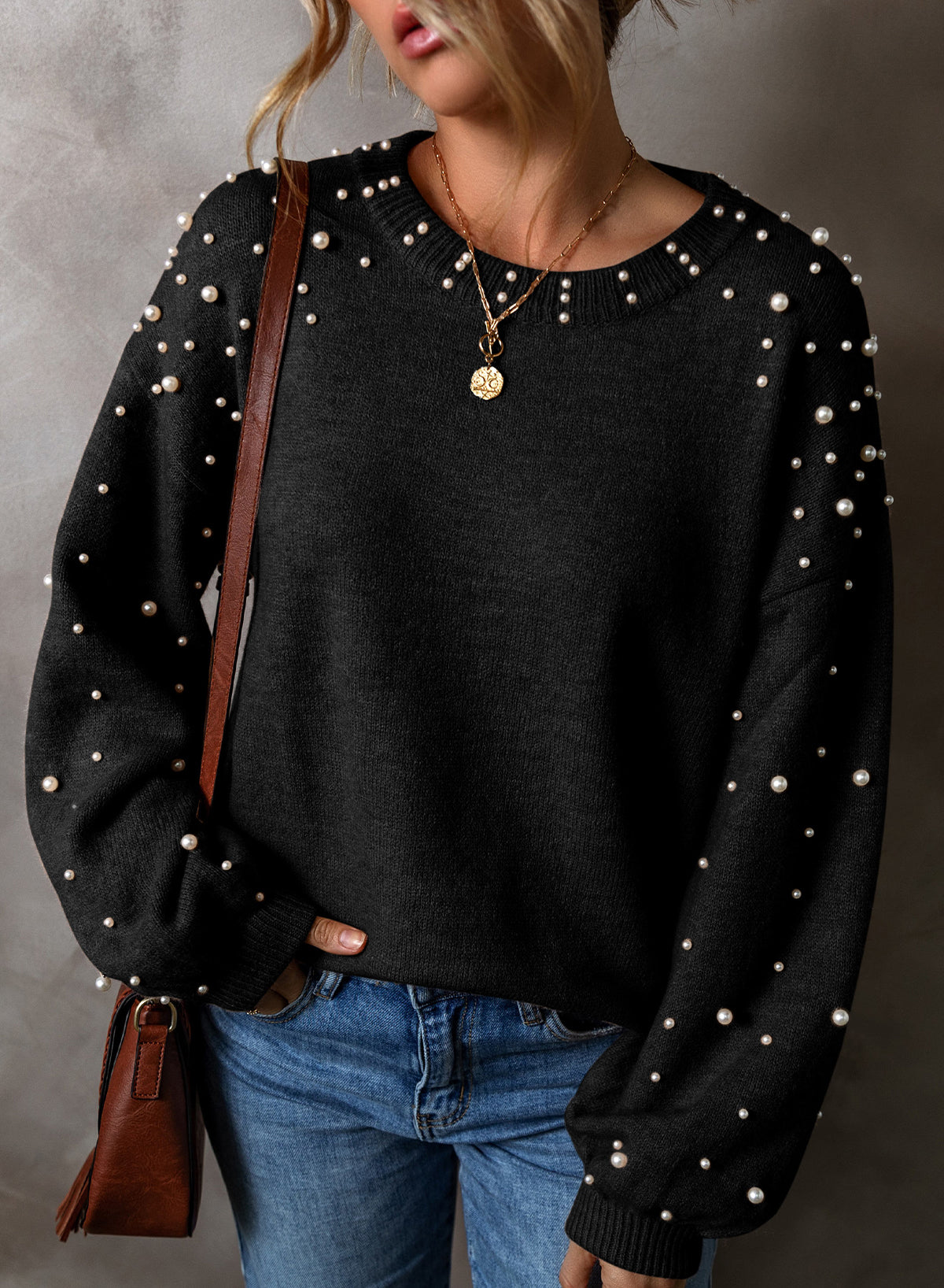 Black Pearl Drop Shoulder Sweater