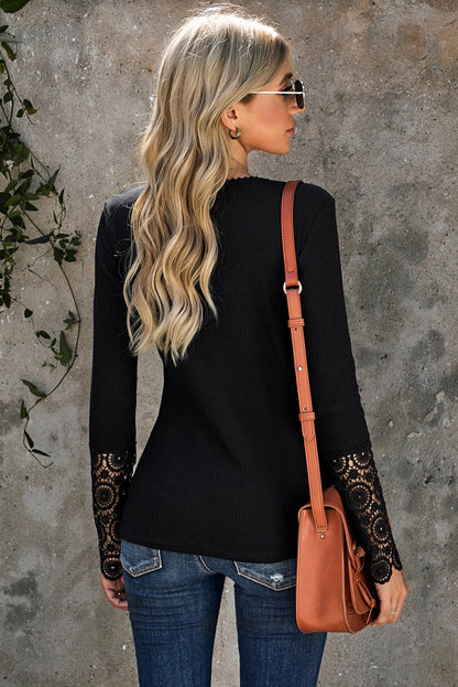 Black Lace Crochet Henley Shirt