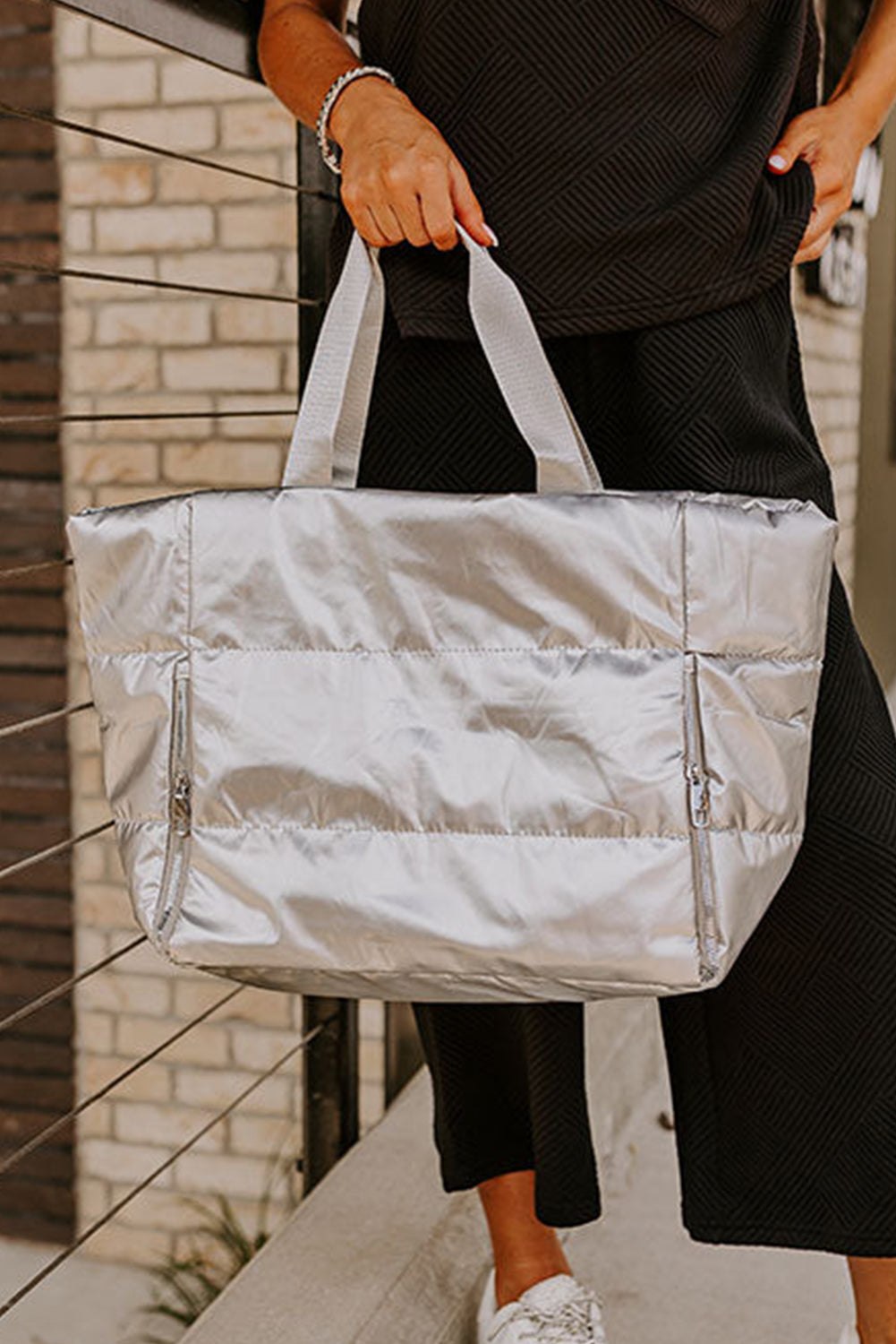 Silver Color Large Tote Bag