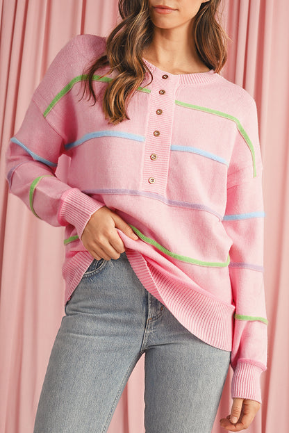 Pink Rainbow Striped Henley Sweater