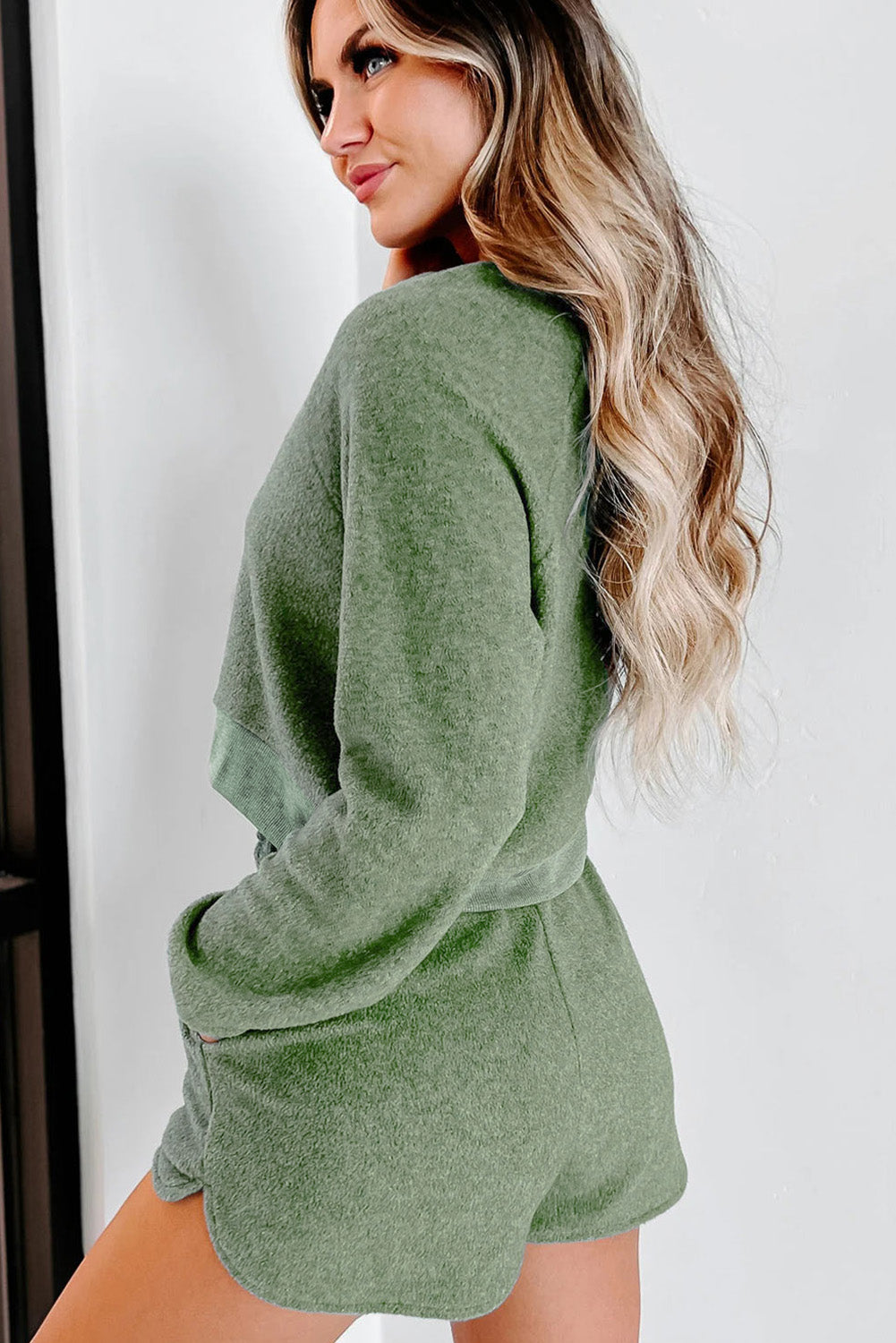 Green Fleece Cropped Sweater & Shorts Set